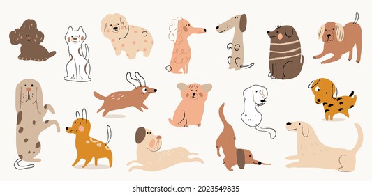 Cute dogs watercolor doodle vector set. Cartoon dog or puppy characters design collection with flat color in different poses. Set of funny pet animals isolated on white background.