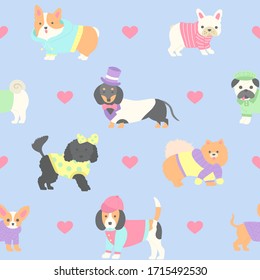 Cute dogs wearing clothes seamless pattern