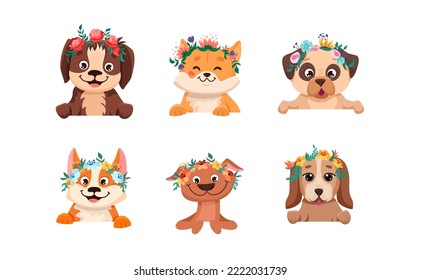 Cute dogs wearing flower crown. Puppy portrait set. Vector cartoon illustrations for nursery design, birthday greeting cards, baby shower posters and children print textile.