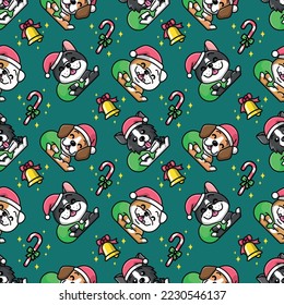 CUTE DOGS IS WEARING SANTA HAT AND CARYING A BIG PRESENT BAG SEAMLESS PATTERN