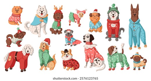 Cute dogs wearing warm winter clothes flat color vector icon set. Funny canine pets fashion trends characters pack on white background