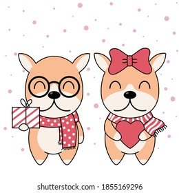 Cute Dogs in winter scarves with gift box, heart and pink snow. New Year, Merry Christmas, Anniversary, Birthday, and Valentine concept, eps 10 vector.