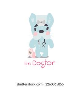 Cute dogtor - french bulldog. Vector illustration of handdrawn style with texture. Lettering "I'm Dogtor"