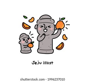 Cute Dolhareubang(traditional stone statue in Jeju Island, Korea) holding a tangerine.  Jeju Island concept vector illustration.