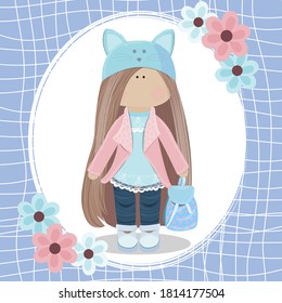
Muñeca con mochila sobre fondo azul, uso para tarjetas, fondos, cuadernos, diarios.
