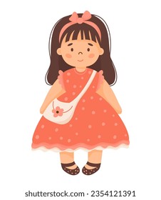 Cute doll. Children toy girl with long hair in red dress with handbag. Vector illustration in cartoon style. kids collection