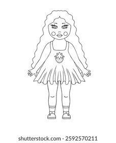 Cute doll coloring page - Black and White line art. Perfect for coloring books  and stickers