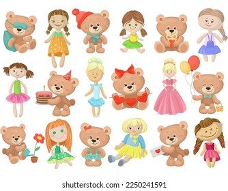 Cute Doll in Dress and Teddy Bear Toys as Kids Playroom Objects Big Vector Set