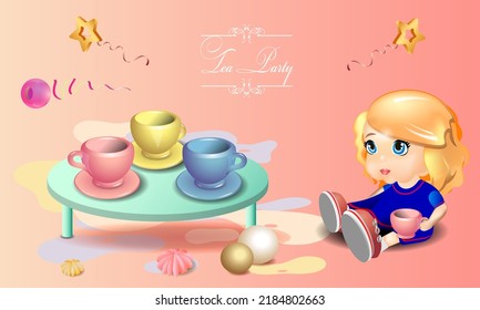 Cute Doll Drinking Tea. An Invitation To A Children's 
Tea Party