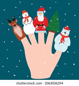 Cute doll fingers. Winter Christmas characters: deer, tree, santa claus, snowman, polar bear.Vector illustration.