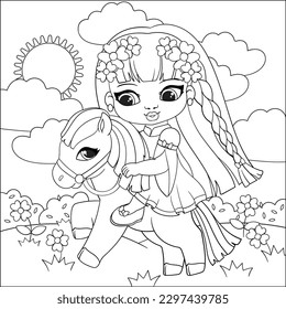 Cute Doll girl with pony. Black and white illustration for coloring book. Educational coloring page Girl Princess Pony