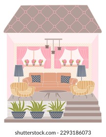 Casa de muñecas con muebles de color rosa