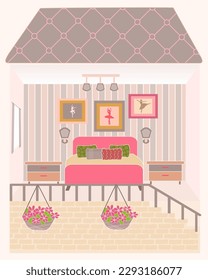 Casa de muñecas con muebles de color rosa