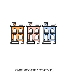 Cute doll houses standing in a line. Colourful neighbourhood illustration