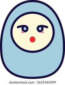 Ícone boneca bonito com bochechas vermelhas e sorriso sutil em estilo plano