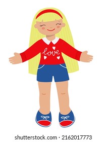 Cute doll with long blond hair. Kids toy doll. Hand drawn vector illustration
