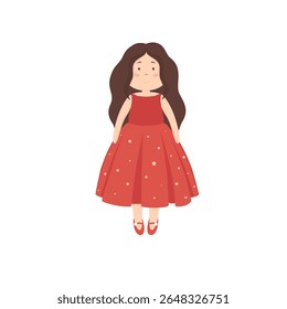Cute doll with long hair in red dress, children toy. Vector illustration in flat style isolated on white background