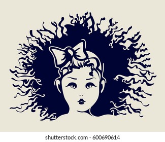 Cute doll portrait with ribbon and bow, big eyes and messy curly hair.Vector art.