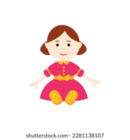 Cute doll in red dress vector illustration. Cartoon isolated toy for girls fun game, ragdoll with beautiful face and brown hair, pretty doll character with funny summer outfit to play in dollhouse - Shutterstock ID 2281138107