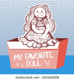 Muñeca linda al estilo de diseño dibujado a mano en una caja de cartón con la inscripción mi muñeca favorita. vector. Juguete para niños.