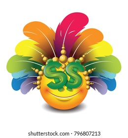 Cute dollar eyes emoticon isolated on white background with carnival headdress -emoji - smiley - vector illustration