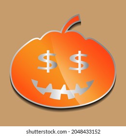 Cute dollar sign orange pumpkin sticker on a colored background.