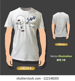 Cute dolls printed on white shirt. Vector design.