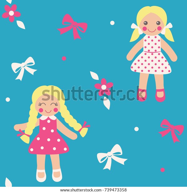 Cute dolls seamless pattern. Turquoise\
background. Colorful vector\
illustration.