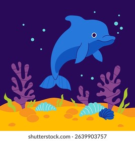 Cute Dolphin with algae, shell, coral and seabed on dark blue background. Vector illustration. Kids collection in flat style