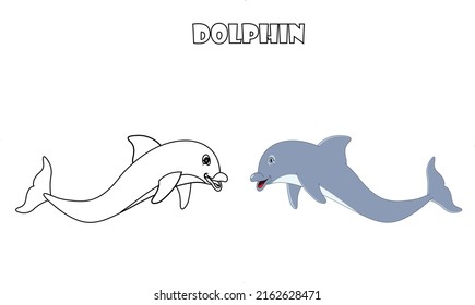 Cute dolphin animal line art color less image vector illustration, Children's pre school drawing page.
