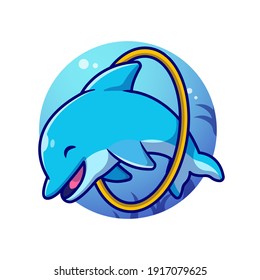 Cute Dolphin Attractions In The Sea Cartoon Vector Icon Illustration. Animal Nature Icon Concept Isolated Premium Vector. Flat Cartoon Style