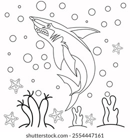 Cute dolphin with background coloring page for kids. Funny animal outline illustration