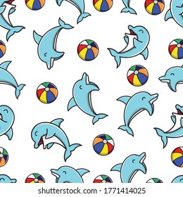 Cute Dolphin with Ball Seamless Pattern Vector