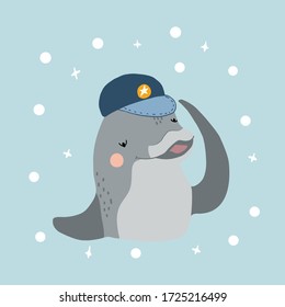 Cute dolphin in a baseball cap hand drawing cartoon vector illustration. Hand drawn characters. Perfect for nursery, kids apparel, poster, kids print. 