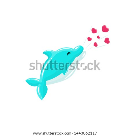 Cute dolphin blowing hearts, cartoon dolphin, vector illustration, saint valentines day
