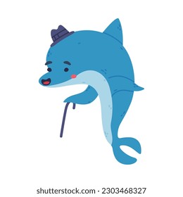Cute dolphin in bowler hat walking with cane. Funny dolphinfish character cartoon vector illustration
