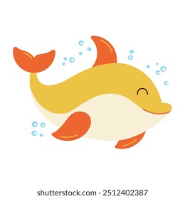 Cute Dolphin Cartoon Character Swimming in the Sea with Happy Expression