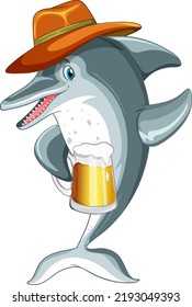 Cute dolphin cartoon character wearing hat and holding beer illustration
