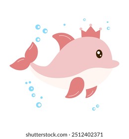 Cute Dolphin Cartoon Character Wearing Crown Swimming in the Sea with Happy Expression