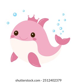Cute Dolphin Cartoon Character Wearing Crown Swimming in the Sea with Happy Expression