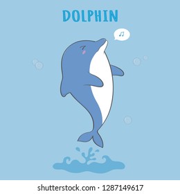 Cute dolphin cartoon hand drawn vecter illustration. Use for Happy birthday invitation card, T-shirt print, baby shower.