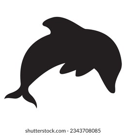 Cute dolphin cartoon jumping. Black silhouette dolphin. Adorable dolphin.Ocean life.Isolated on white background.Marine underwater life.Vector flat illustration.
