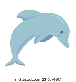 Cute dolphin cartoon jumping. Bottlenose dolphin. Adorable blue dolphin.Ocean life.Isolated on white background.Marine underwater life.Vector flat illustration.