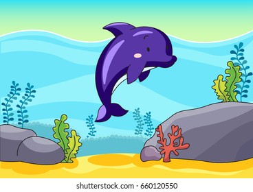 Cute dolphin cartoon in the sea background vector