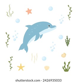Cute dolphin character, corals, shells. Vector hand drawn kids illustration cartoon style. Sea animal, sea life, shells, seaweed. Flat design. Underwater life.