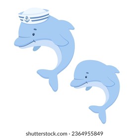 Cute dolphin character isolated on white. Hand drawn vector nautical illustration. Sea animal with hat