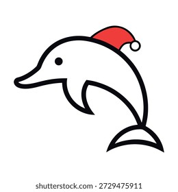 Personaje lindo del delfín en el sombrero de santa que celebra la temporada de vacaciones submarinas alegres