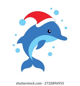 Cute dolphin character in santa hat spreading holiday happiness beneath ocean waves