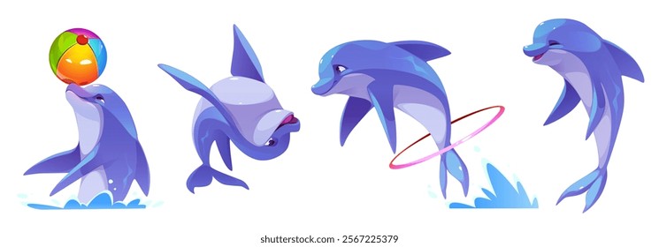 Cute dolphin character set in playful poses - performing tricks with beach ball, jumping through pink ring, splashing in water. Cartoon marine mammal in bright blue color with cheerful expressions.