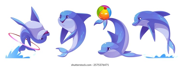 Cute dolphin character set in playful poses - performing tricks with beach ball, jumping through pink ring, splashing in water. Cartoon marine mammal in bright blue color with cheerful expressions.